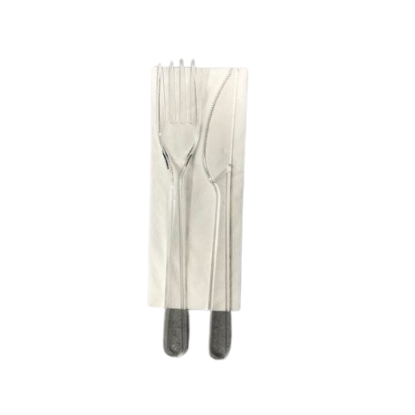 SET TENEDOR Y CUCHILLO PLASTICAS TRANSPARENTES CON SERVILLETA 25UN